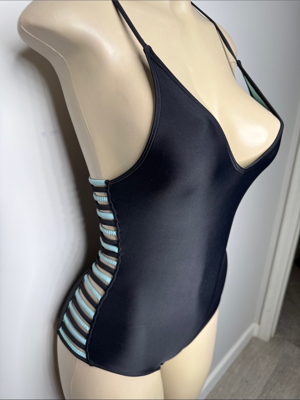 Forever 21 Black One-Piece Swimsuit with Aqua Ladder Side Straps